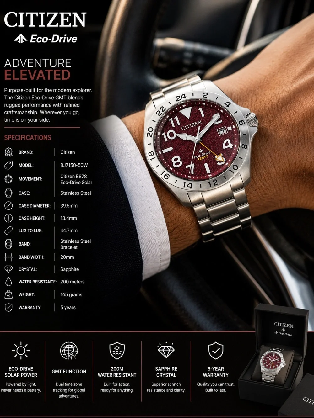 Citizen BJ7150-50W Eco-Drive GMT Burgundy Dial Sapphire 200M Men’s Watch